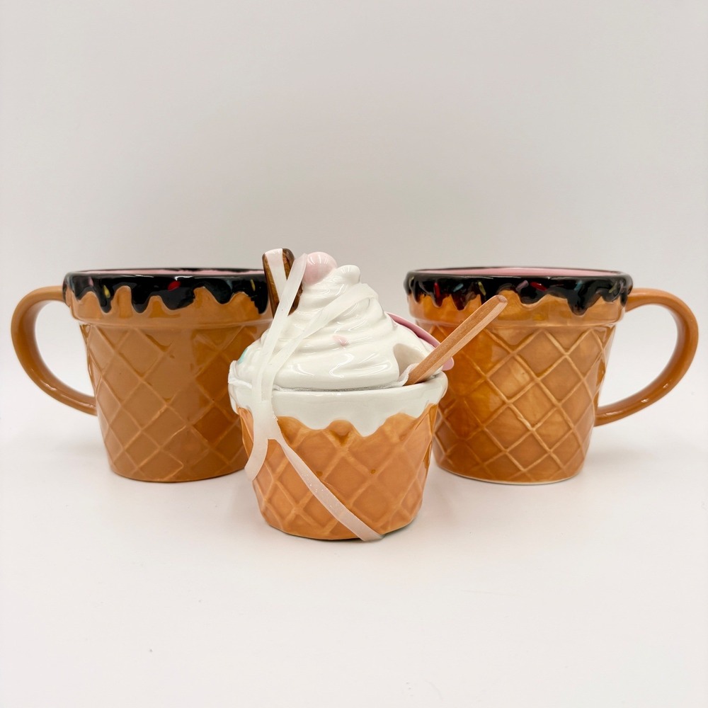 Summertime Ice Cream Cone Mugs 18oz & Sugar Jar with Spoon Set 3pc New